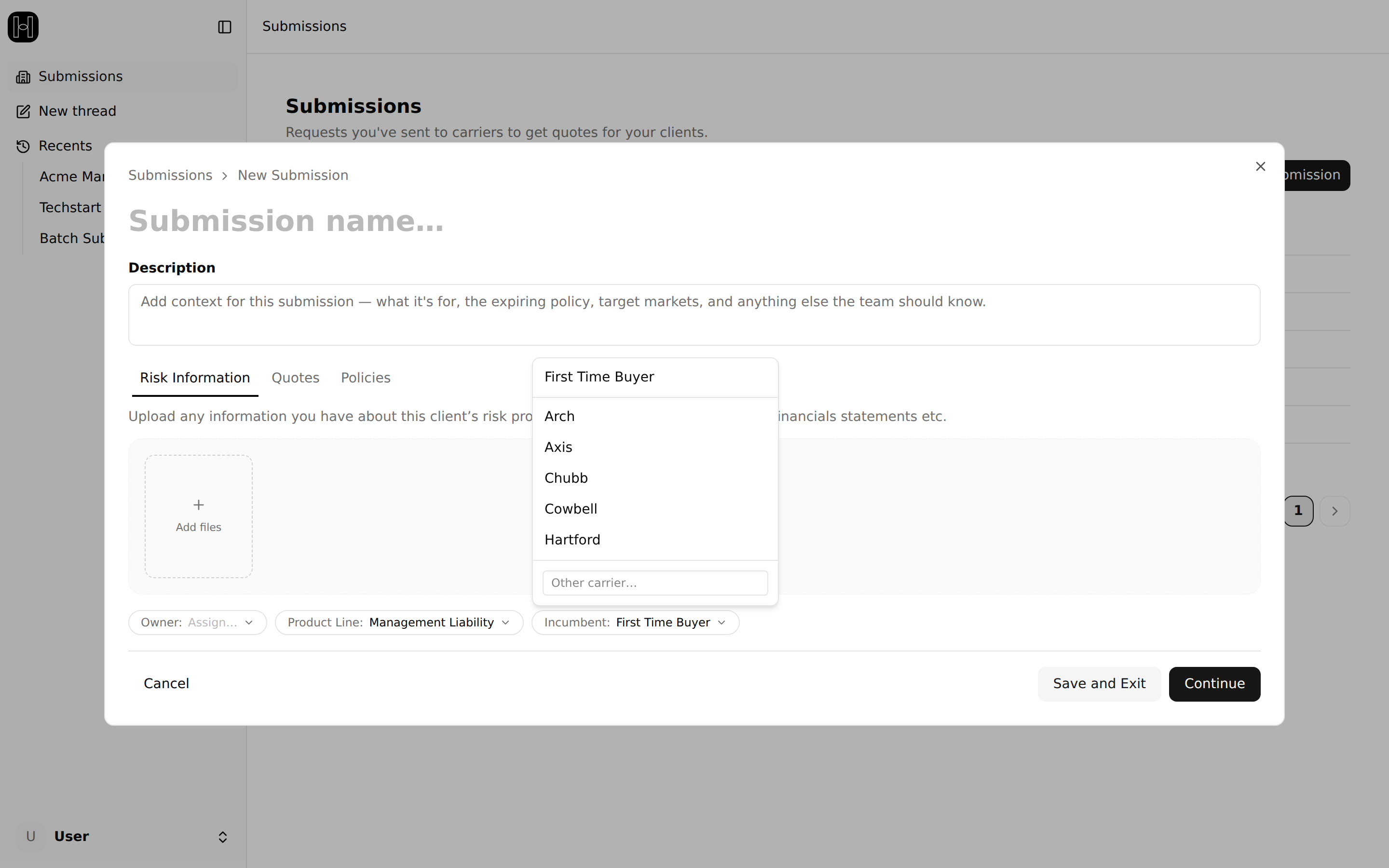 The Incumbent selector on the New Submission details step, opened to show First Time Buyer, the carrier list, and the Other carrier field