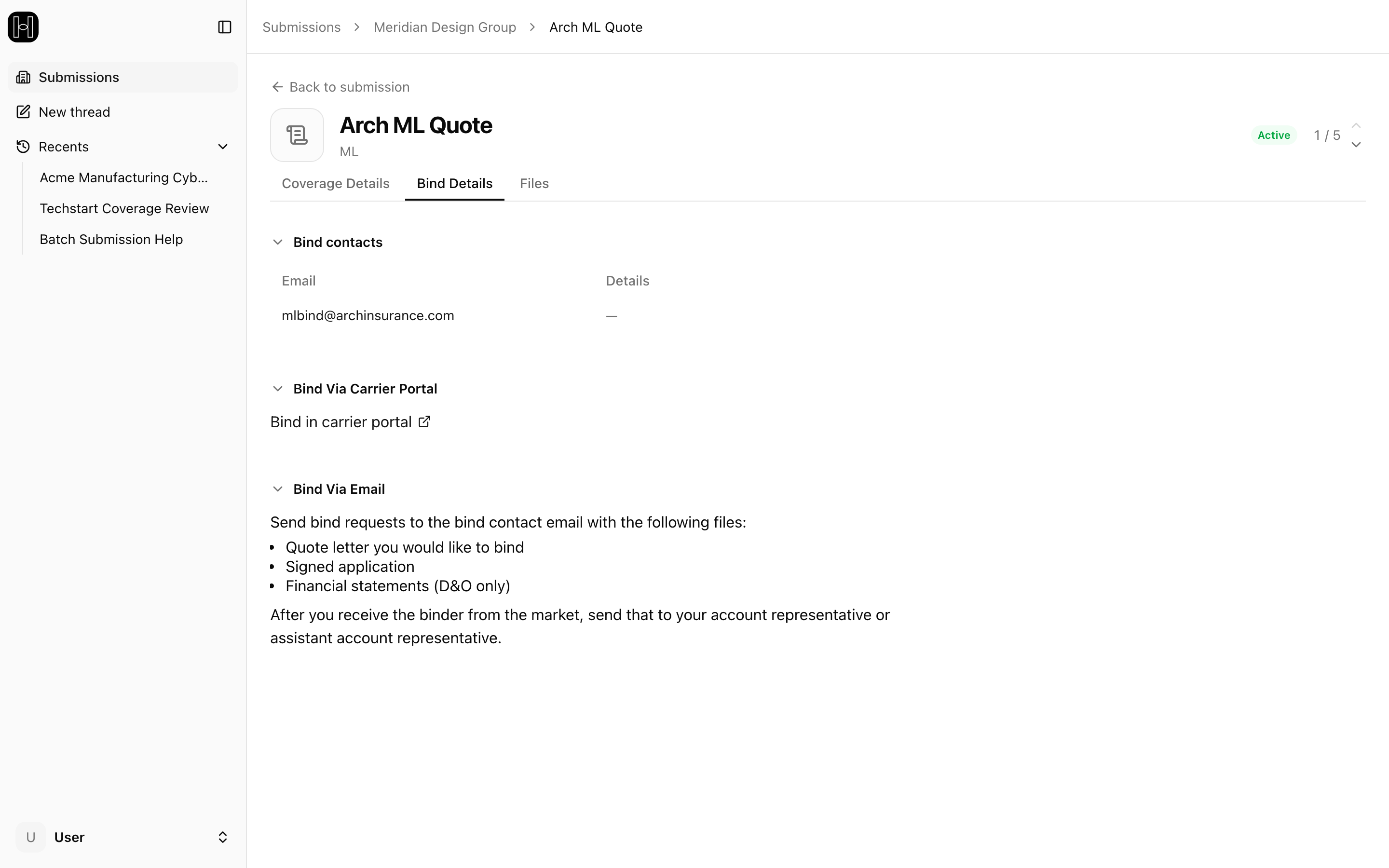 Bind Details tab on a quote, showing the carrier's bind contact and its bind instructions.