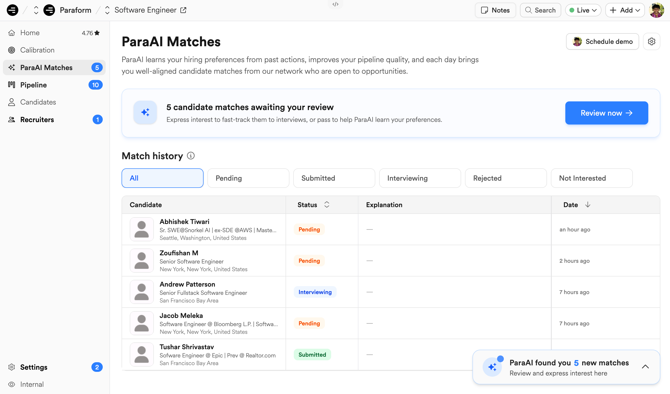 Check your ParaAI Matches tab to track statuses