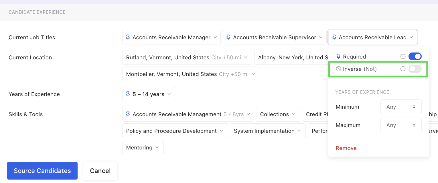 Image of a candidate experience interface showing fields for current job titles, location, years of experience, and skills/tools. Includes a dropdown menu for selecting job titles such as 'Accounts Receivable Manager' and options for experience range with an 'Inverse' toggle highlighted.