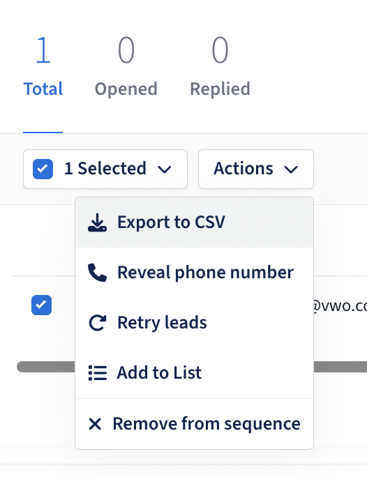 Image of a user interface displaying options for managing leads, including 'Export to CSV,' 'Reveal phone number,' 'Retry leads,' 'Add to List,' and 'Remove from sequence.'