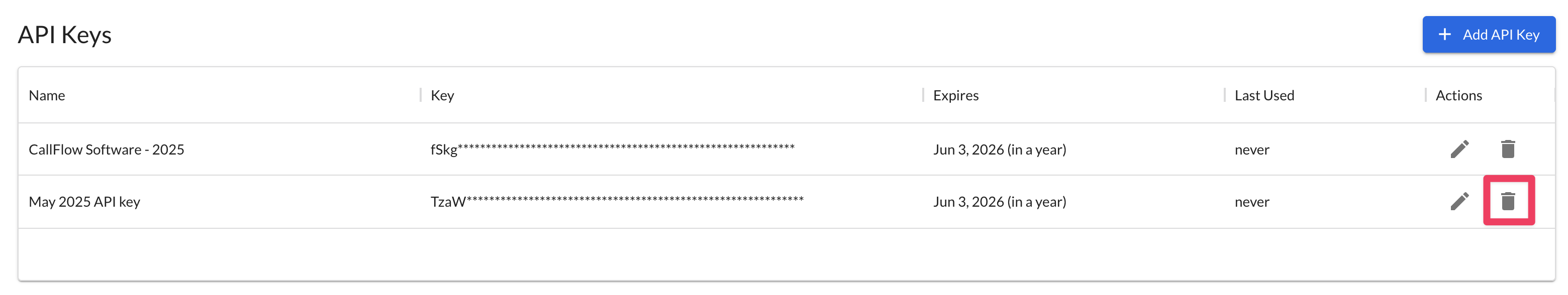 deleteapikey.png Use the trash can icon to delete an API key