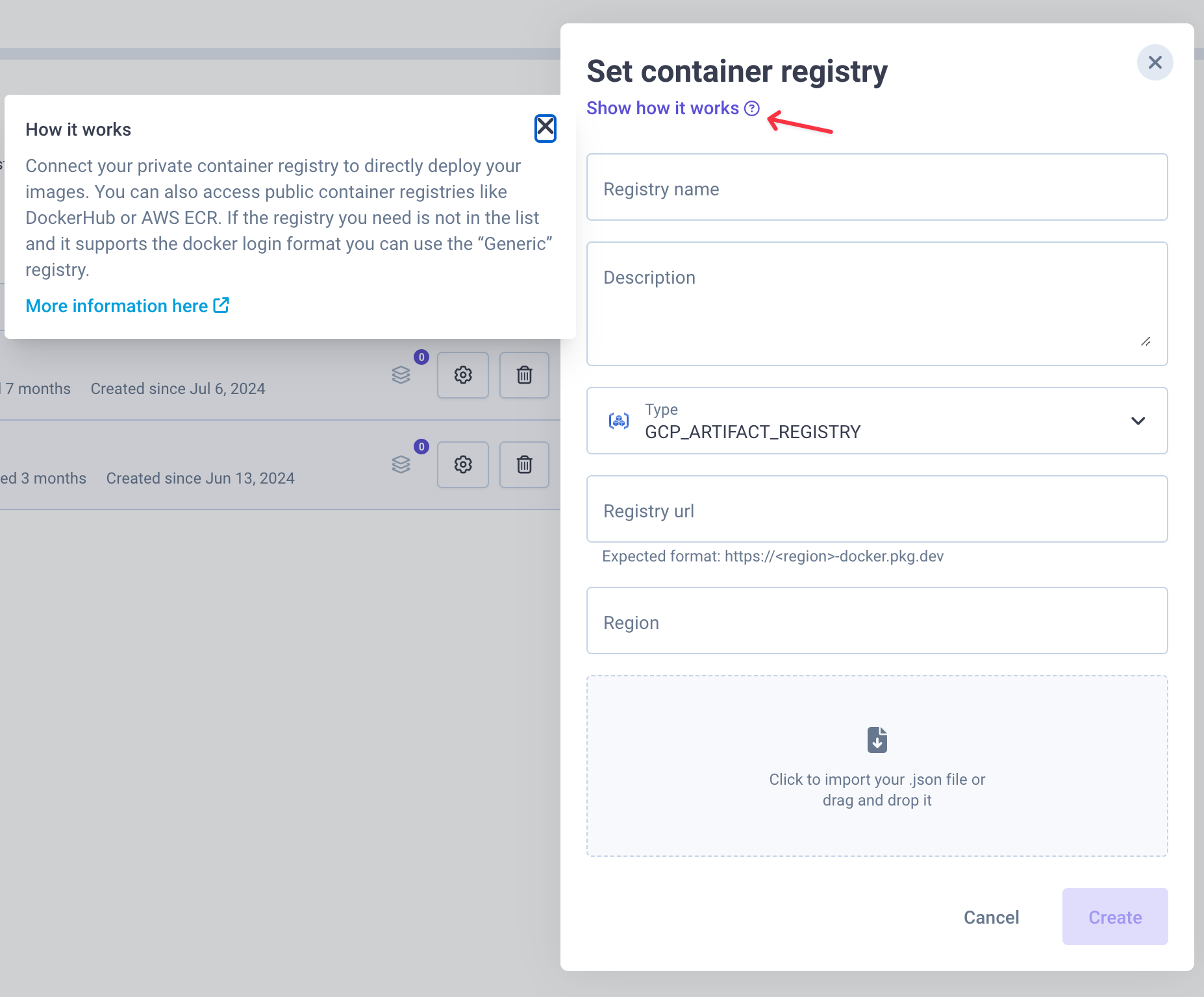 Image of a container registry setup form showing fields for registry name, description, type (set to GCP_ARTIFACT_REGISTRY), registry URL, and region