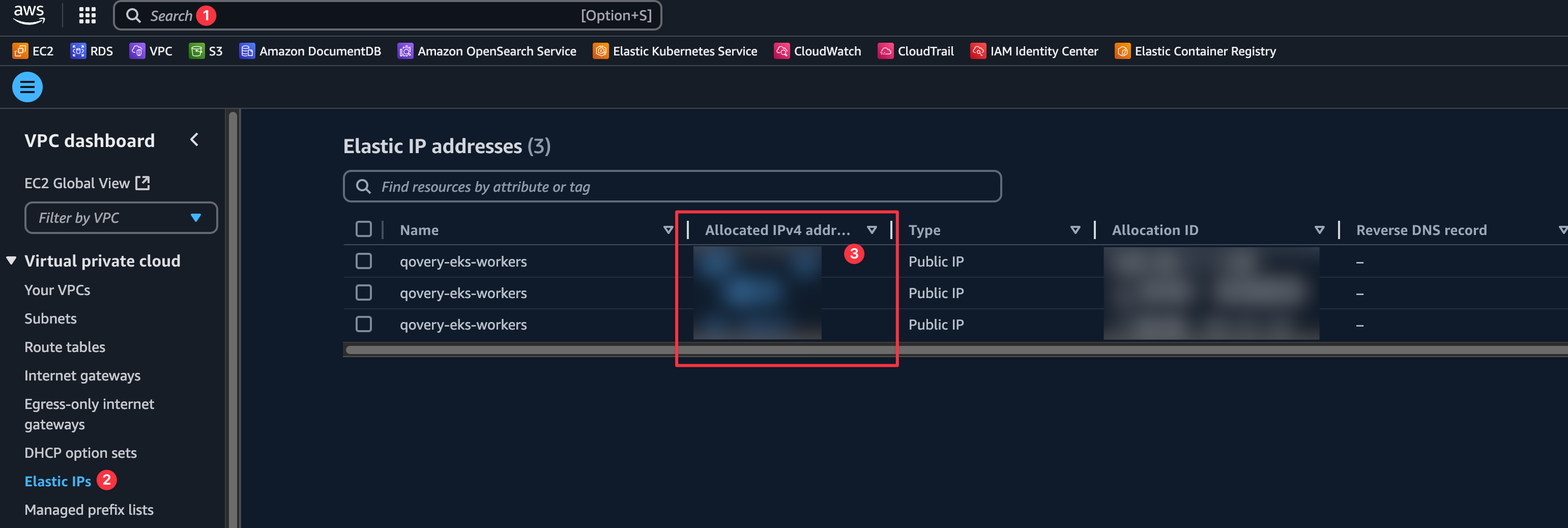 Image of the AWS VPC dashboard displaying the Elastic IP addresses section, showing a table with allocated IPv4 addresses, their names, types, allocation IDs, and reverse DNS records.