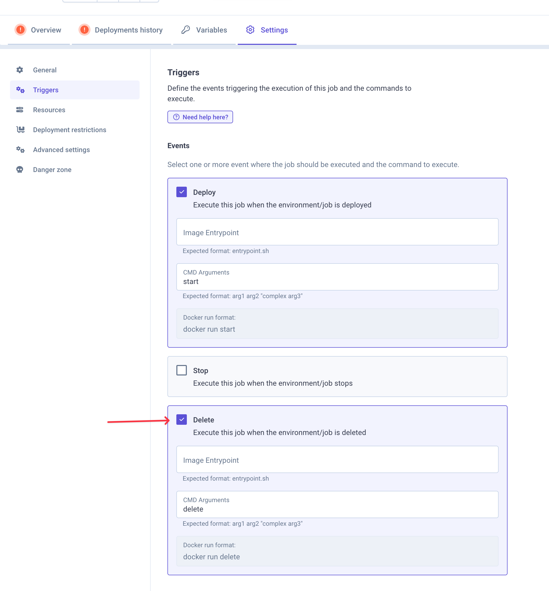 Image of the settings page for configuring triggers in a deployment environment