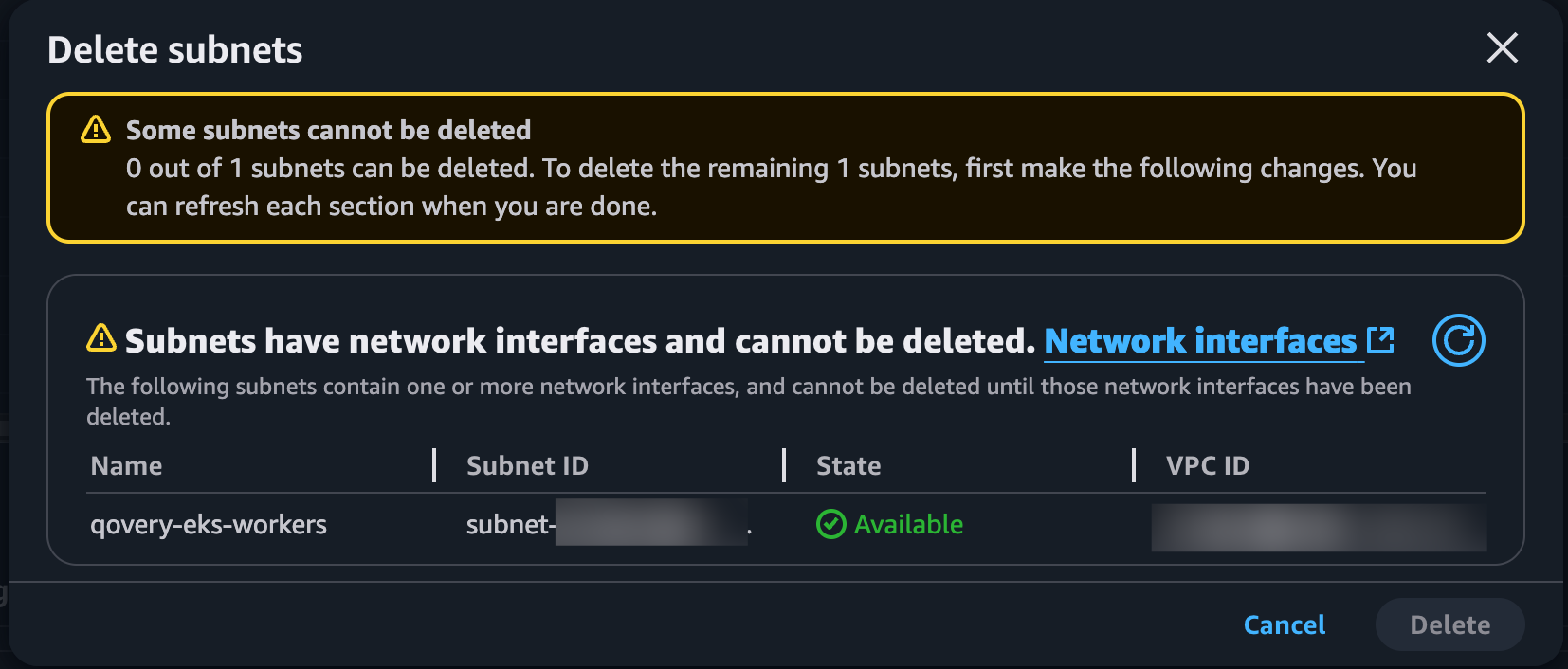 Warning message showing subnet deletion blocked by dependencies