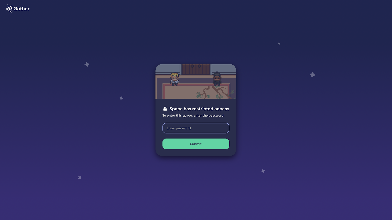 A message reads Space has restricted access. To enter this space enter the password with a text field and a Submit button.