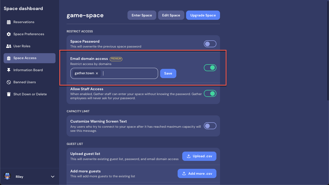 A view of a Space dashboard with Space Access selected in the Left Nav Menu. The Email domain access is toggled on and the section is outlined in red. In the field for email domains, "gather.town" displays with an x next to it. A Save button displays to the right of the field.