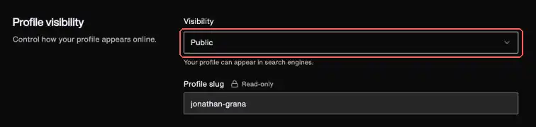 Profile settings, with the Visibility dropdown highlighted