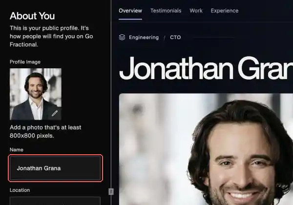 The Overview editor, with the About You panel on the left and the live profile preview on the right