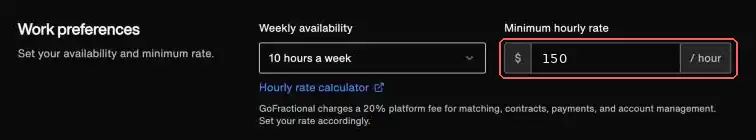 Work preferences in Profile settings, with the Minimum hourly rate field highlighted