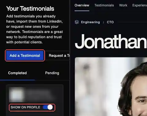 The Testimonials page, with Add a Testimonial and the Show on profile switch highlighted