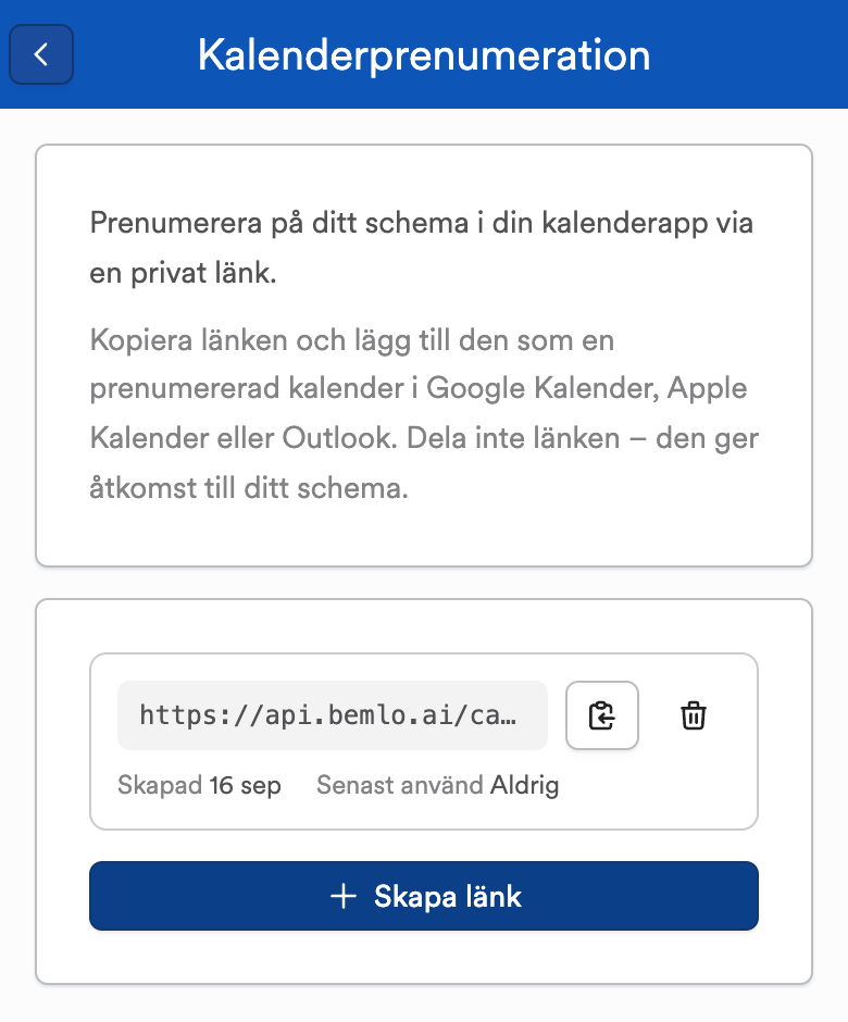 Kalenderprenumeration med en skapad länk