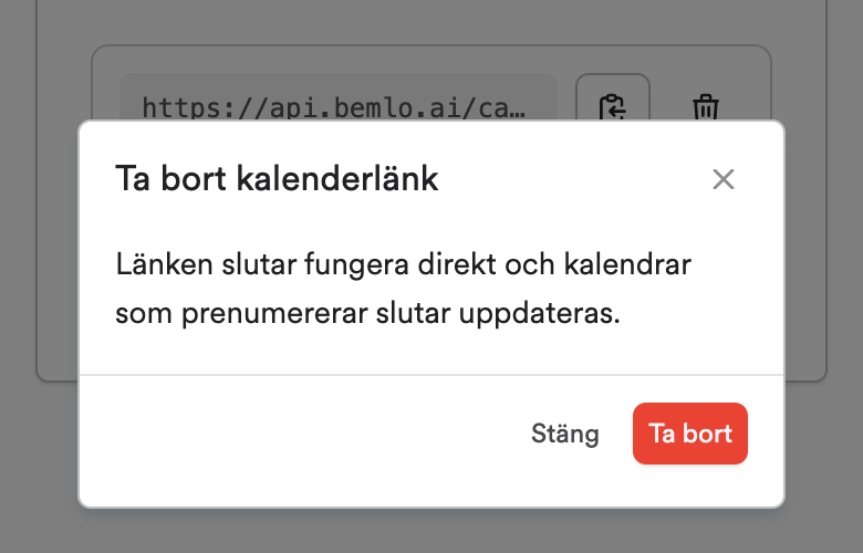 Bekräfta att kalenderlänken ska tas bort