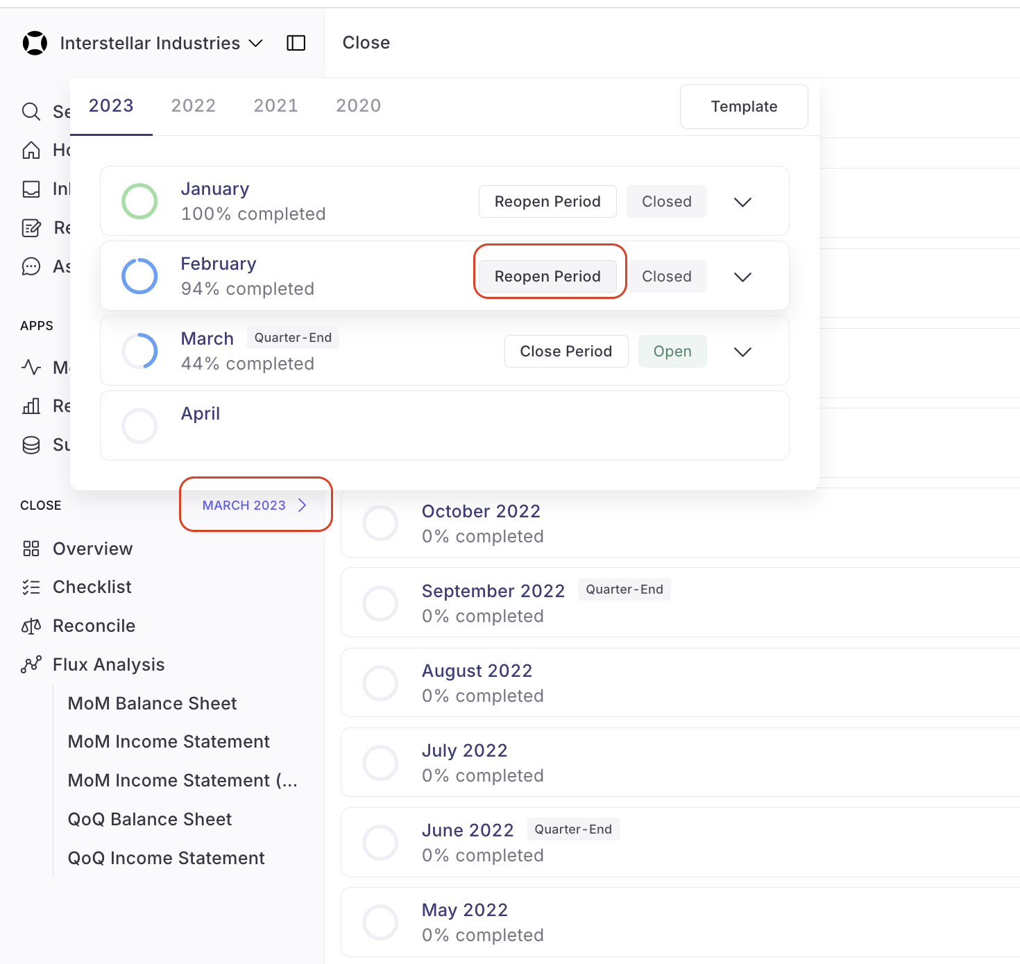 Software dashboard showing period closing status with a modal window highlighting the reopen period option