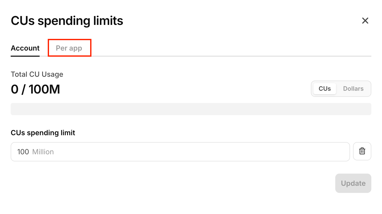 CU spending limits dialog with the Per app tab.