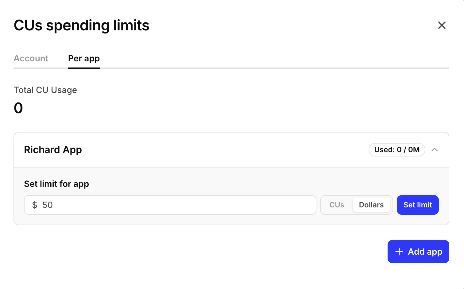 Per-app limit settings showing CU and dollar limit options.