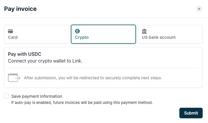 Crypto payment option in the invoice payment flow.