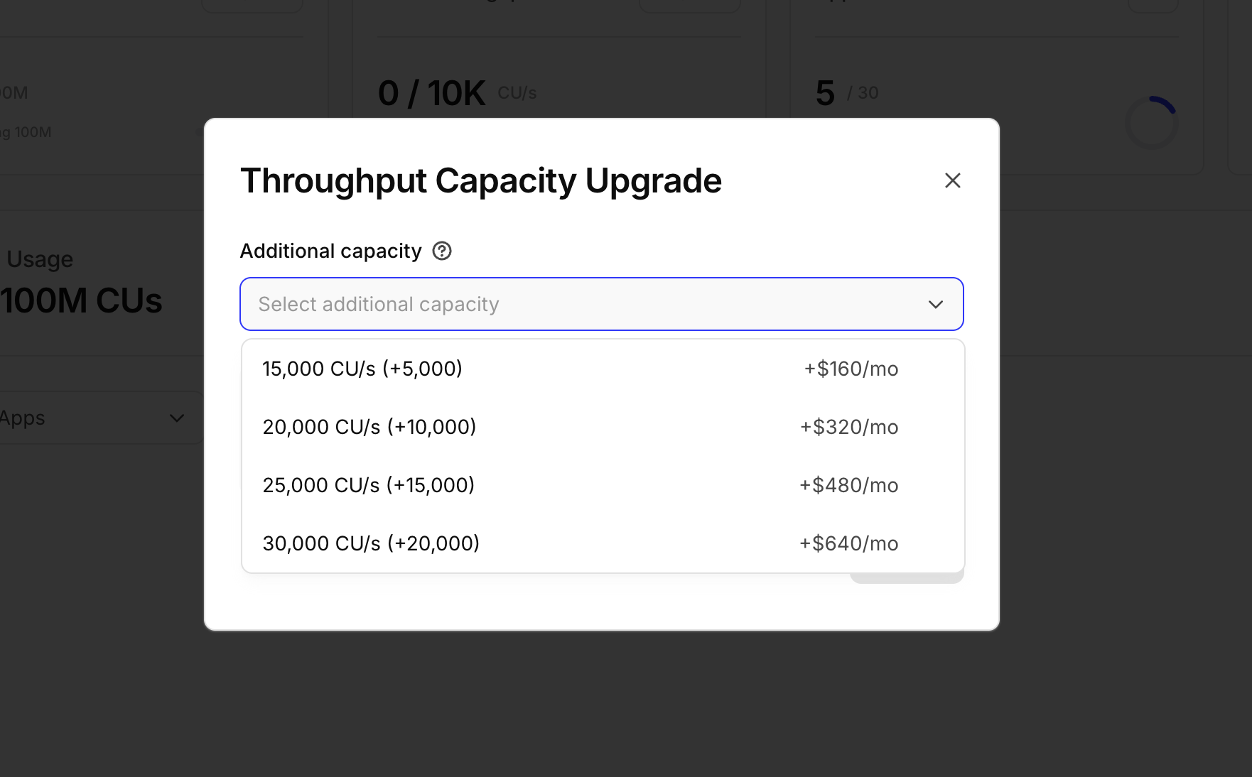 Additional capacity selection in the throughput upgrade dialog.