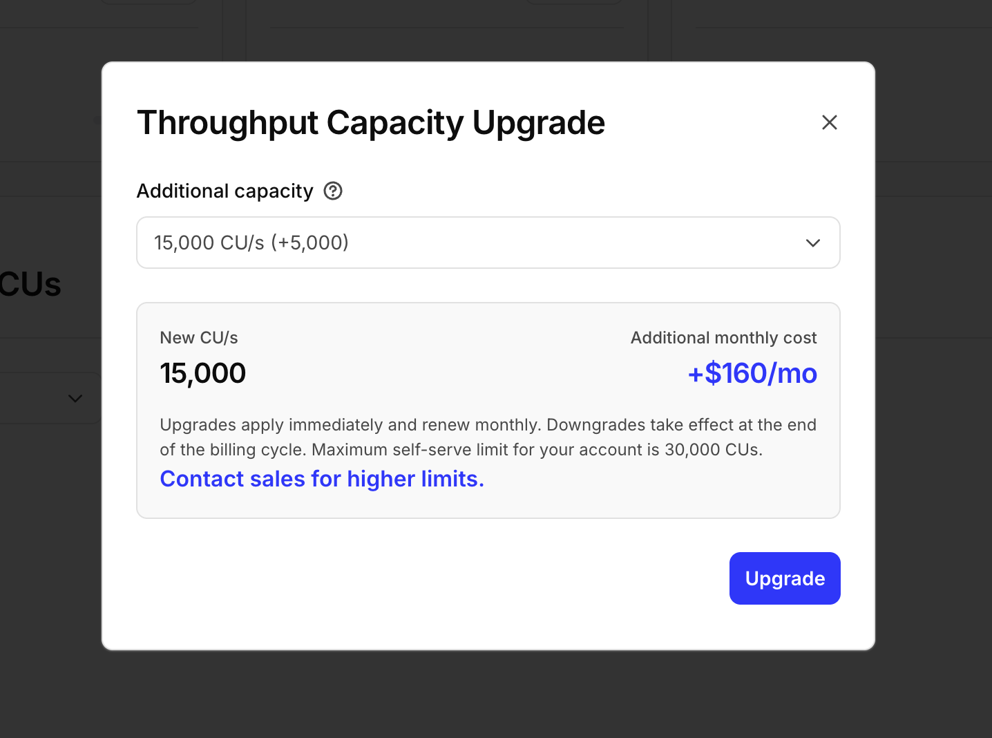 Upgrade confirmation for additional peak throughput.