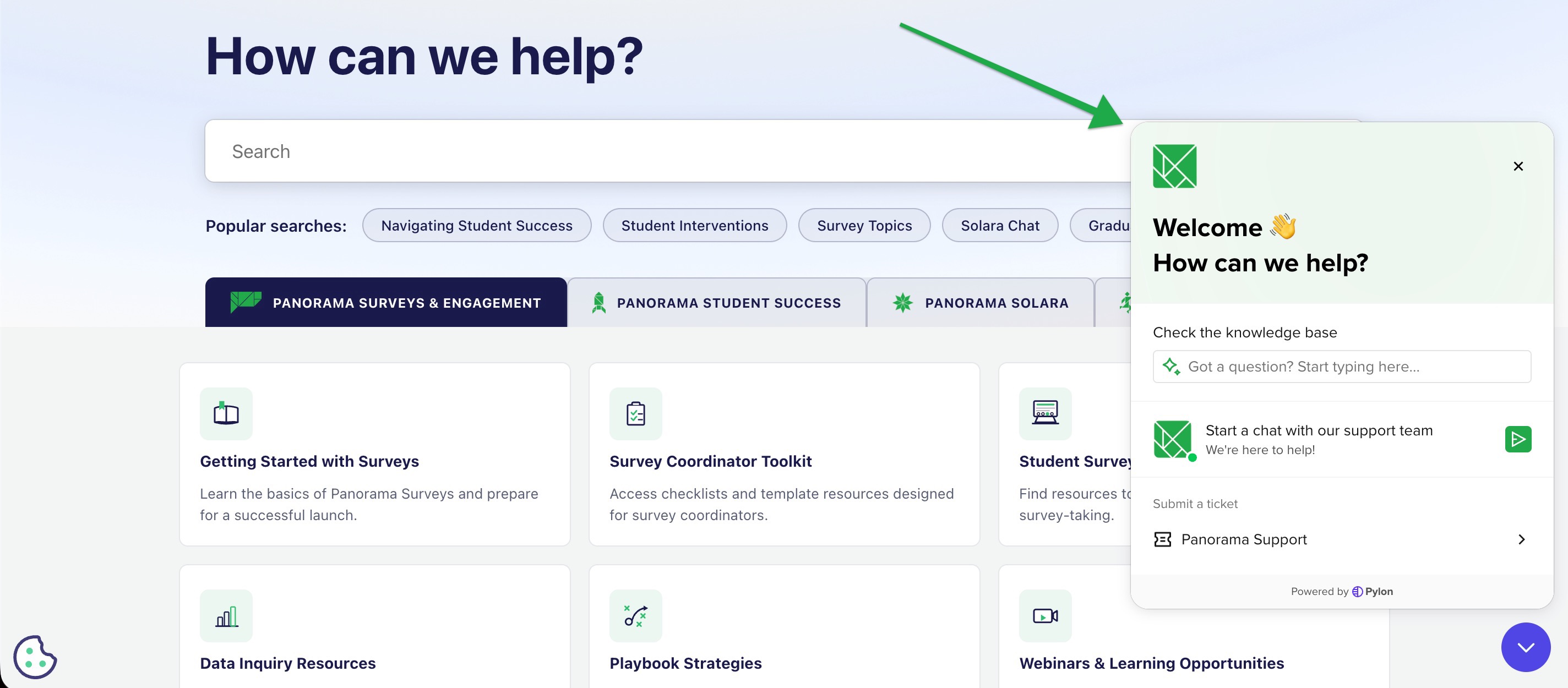 Panorama Education Knowledge Base 2026-07-27 at 4.39.45 PM.jpg Panorama Academy with chat widget open, showing options to search the knowledge base or start a chat with Technical Support.