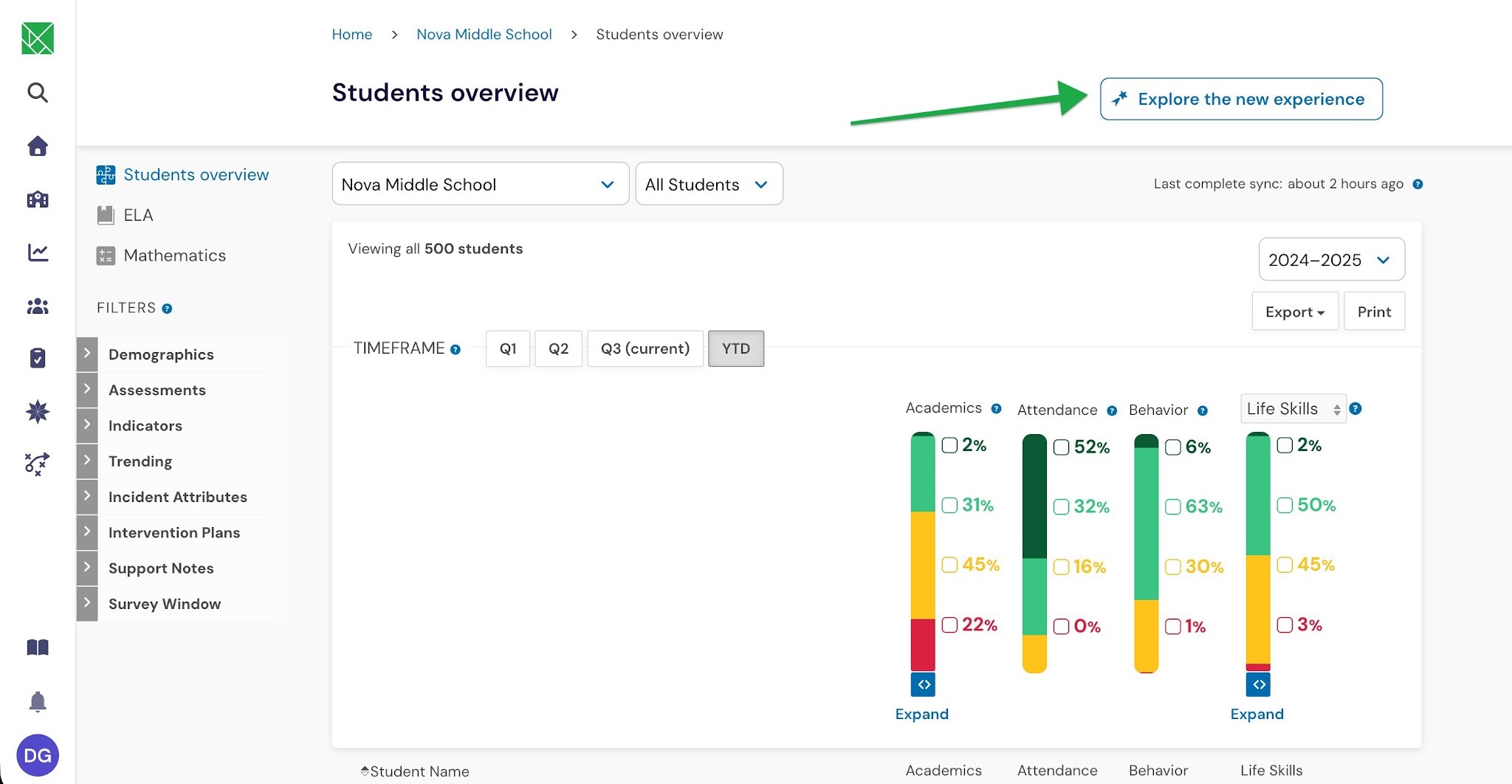 Student overview 2.jpg Students overview page with a button to explore the new experience