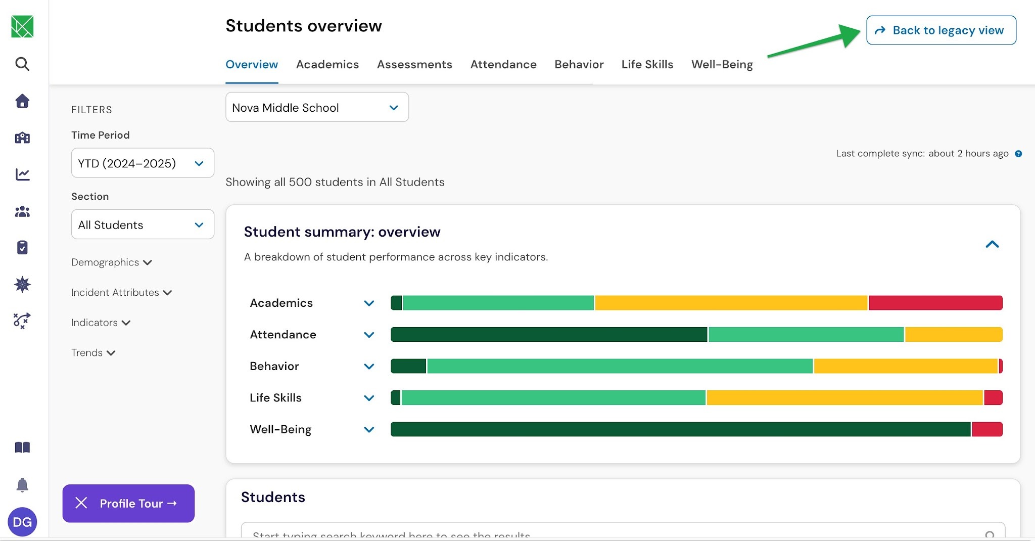 student overview 3.jpg Students overview page with a button to switch back to the legacy view