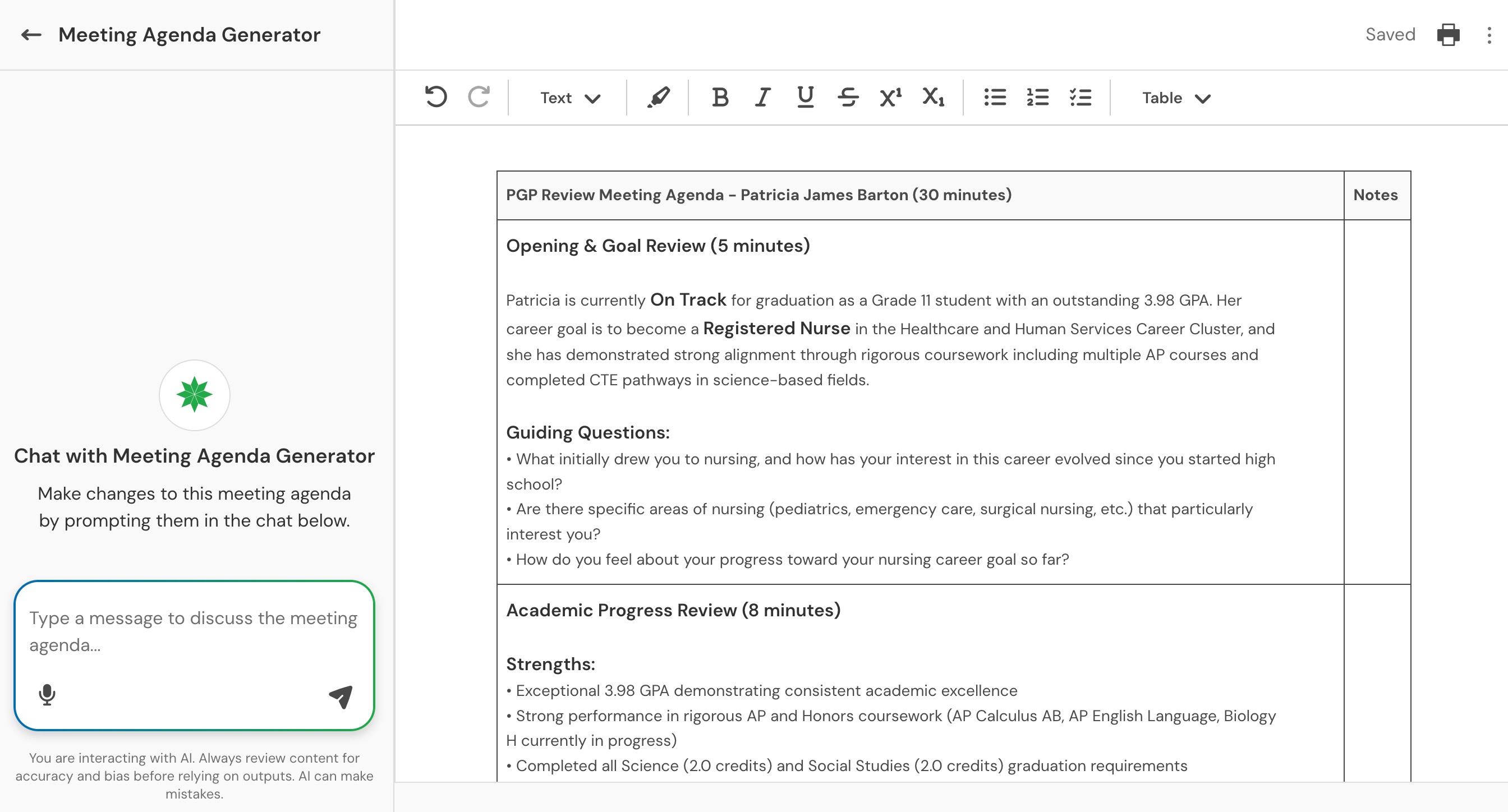 Patricia James Barton Student Success Panorama Education 2026-08-20 at 12.14.54 PM.jpg Meeting agenda editor with chat panel for requesting changes to the agenda.