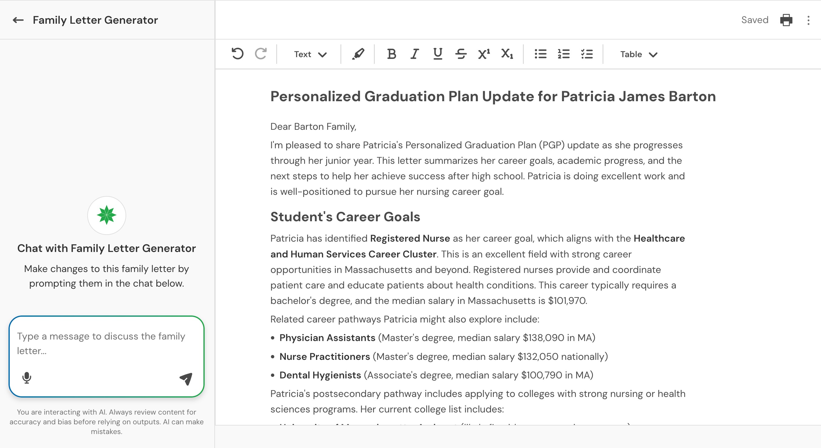 Patricia James Barton Student Success Panorama Education 2026-08-20 at 12.17.41 PM.jpg Family letter editor showing a generated PGP update with student goals and progress.