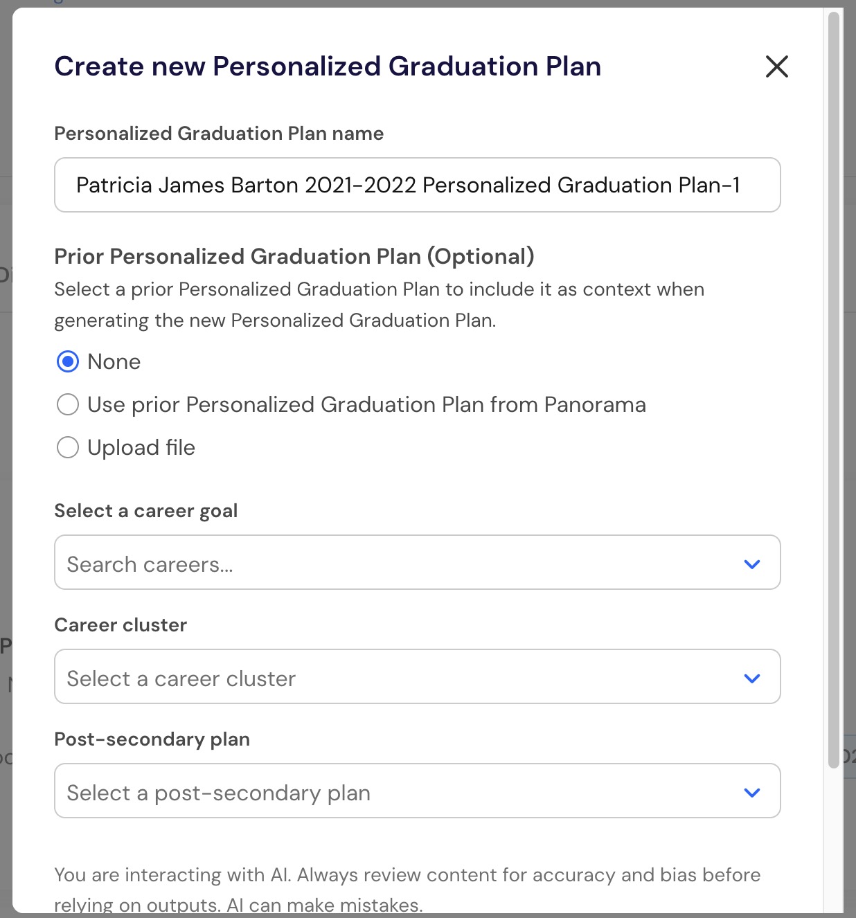Patricia James Barton Student Success Panorama Education 2026-08-20 at 12.21.09 PM.jpg Generated PGP content includes career, academic progress, CTE, distinctions, recommendations, and action steps.
