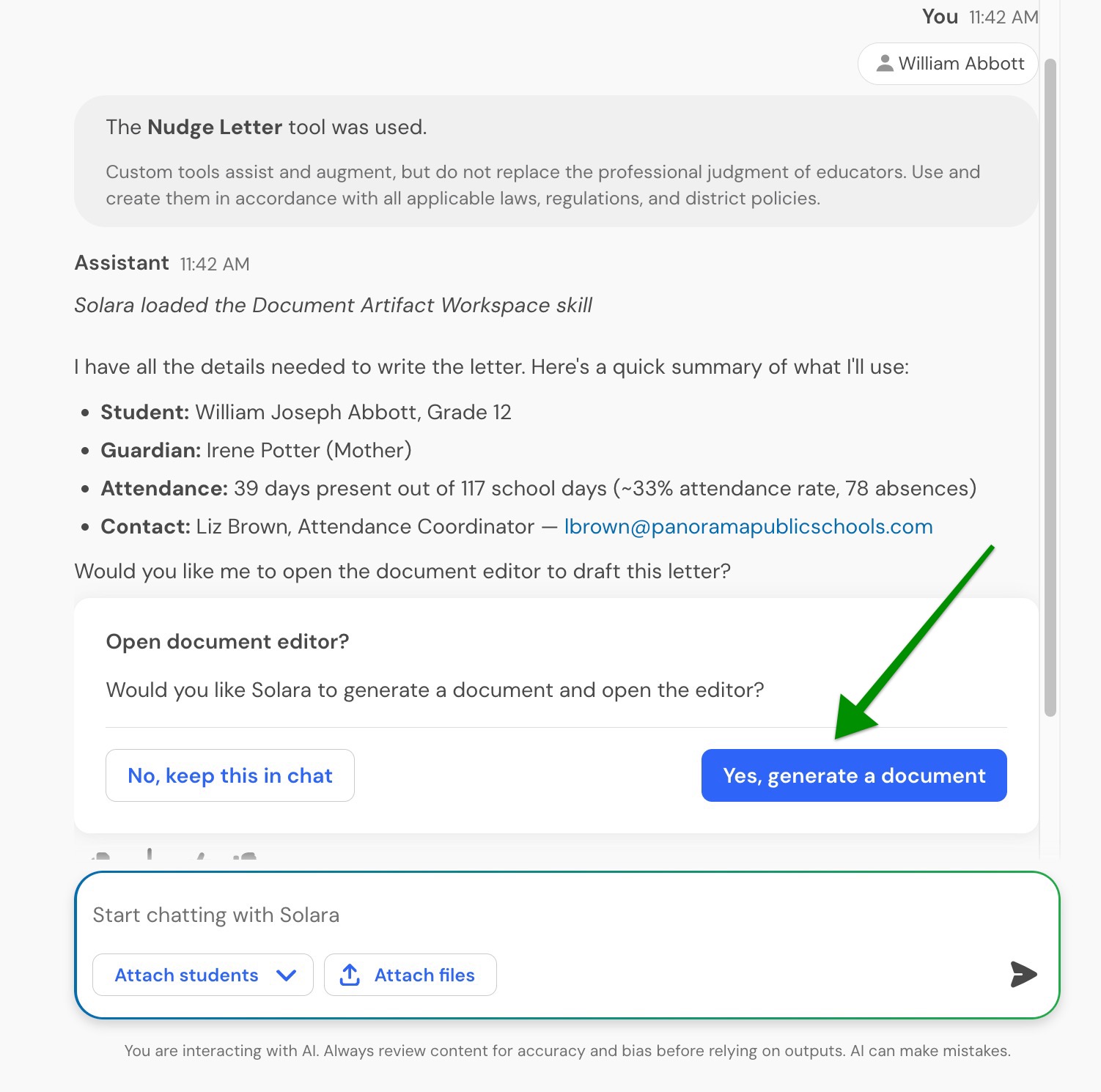 Document Prompt.jpg Solara prompt asking whether to keep a response in chat or generate a document.