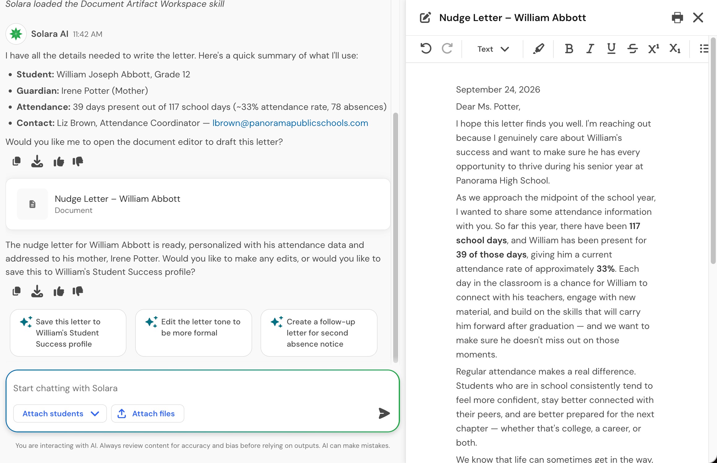 document view.jpg Solara document editor open beside a chat with formatting controls and editable text.