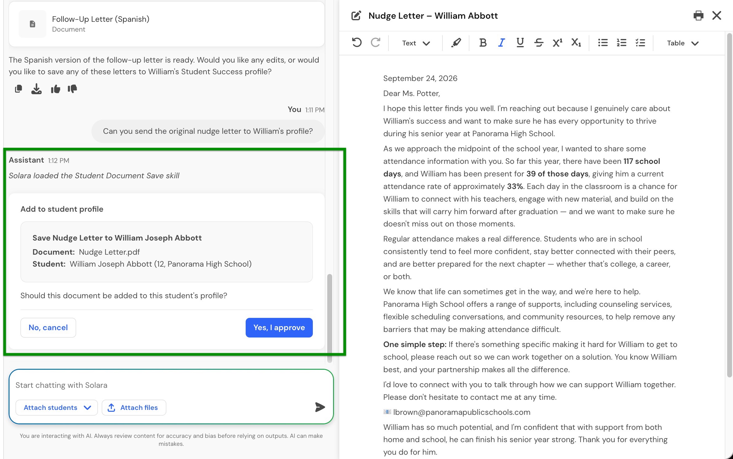 Send to student profile.jpg Add to student profile confirmation for Nudge Letter.pdf, with Yes, I approve and No, cancel options.