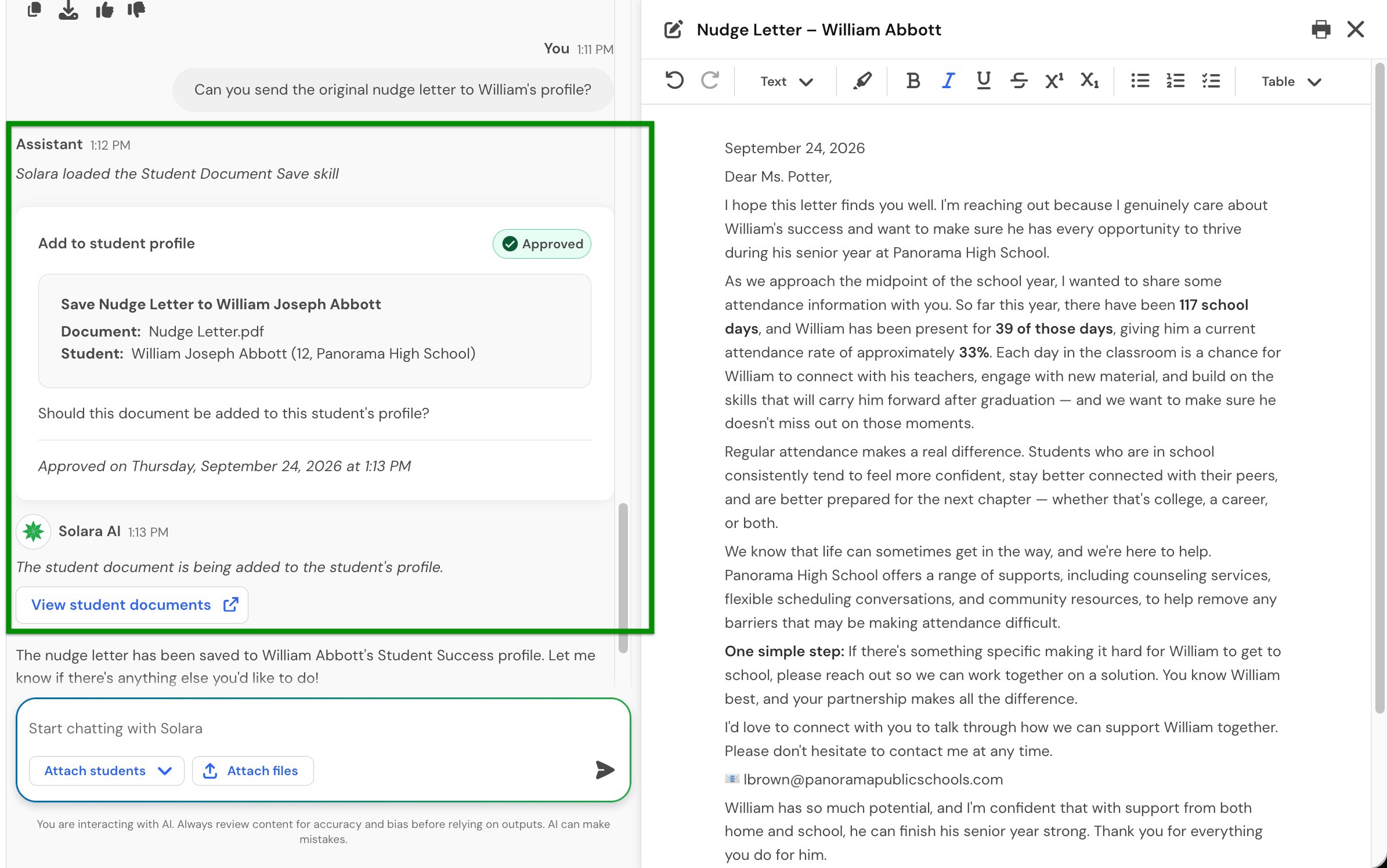 Student profile confirmation window.jpg Confirmation showing the document and attached student before it is added to the student profile.