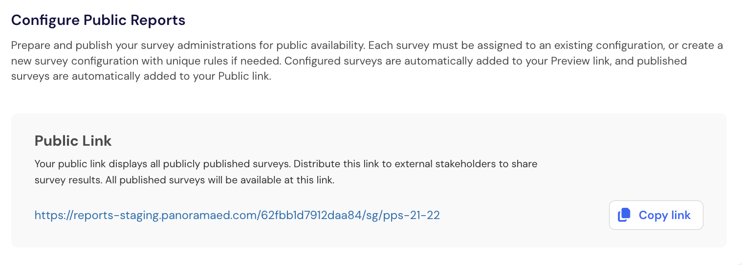 Your Public Link section showing the link used to share published survey reports.