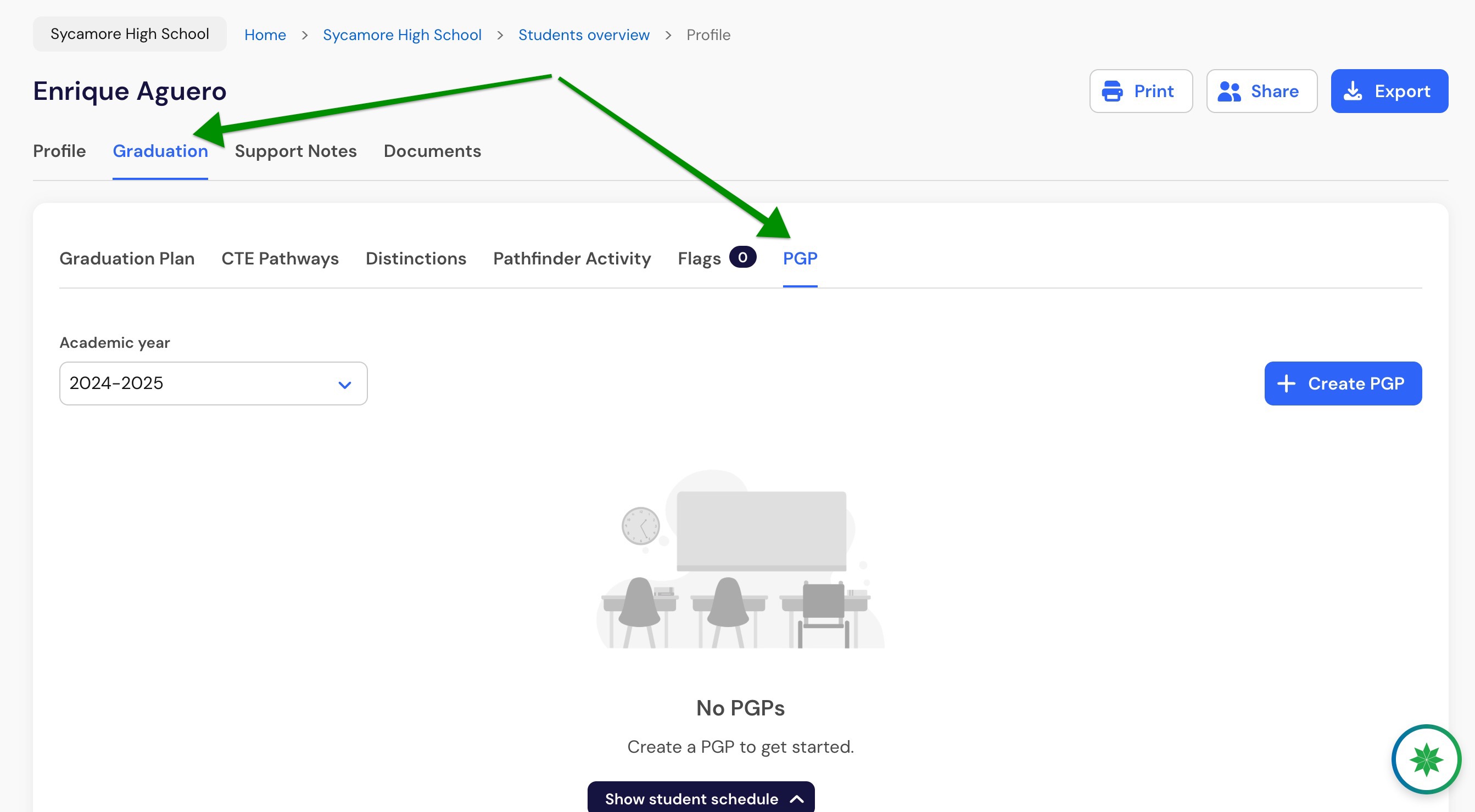 Create PGP.jpg Student profile with the Graduation and PGP tabs highlighted.