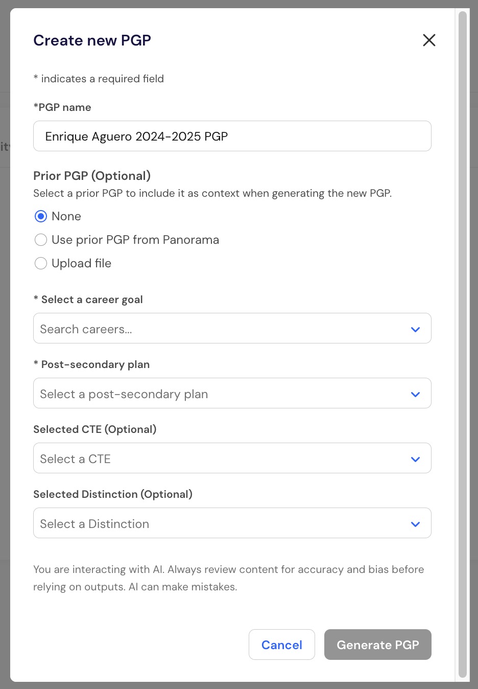 Create PGP 3.jpg Create new PGP form with PGP name, prior PGP, career goal, and post-secondary plan fields.