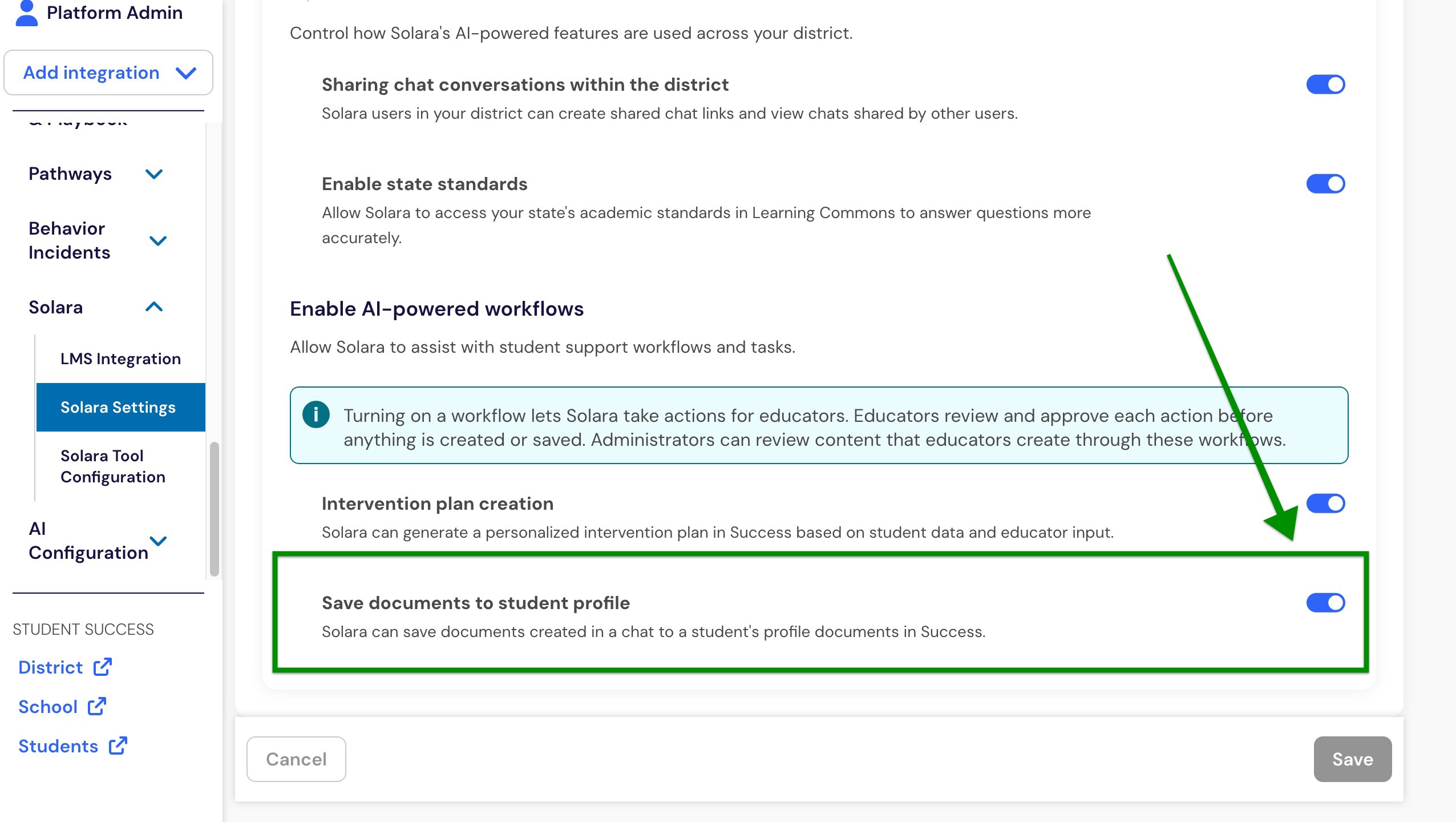 Solara Settings showing the setting that allows documents to be saved to student profiles.