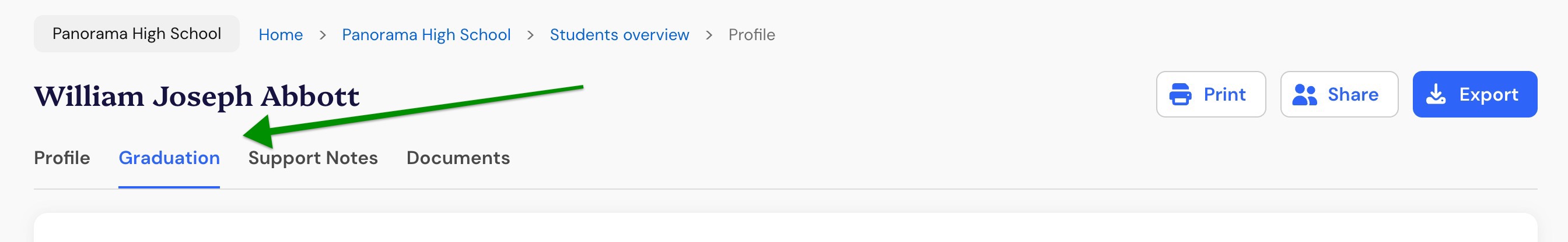 Graduation tab selected in a student's Panorama Pathways profile.