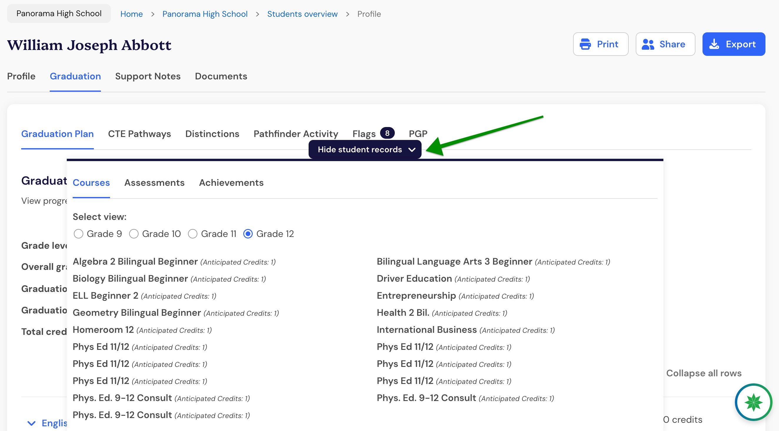 Hide student records control above the expanded Courses tab.
