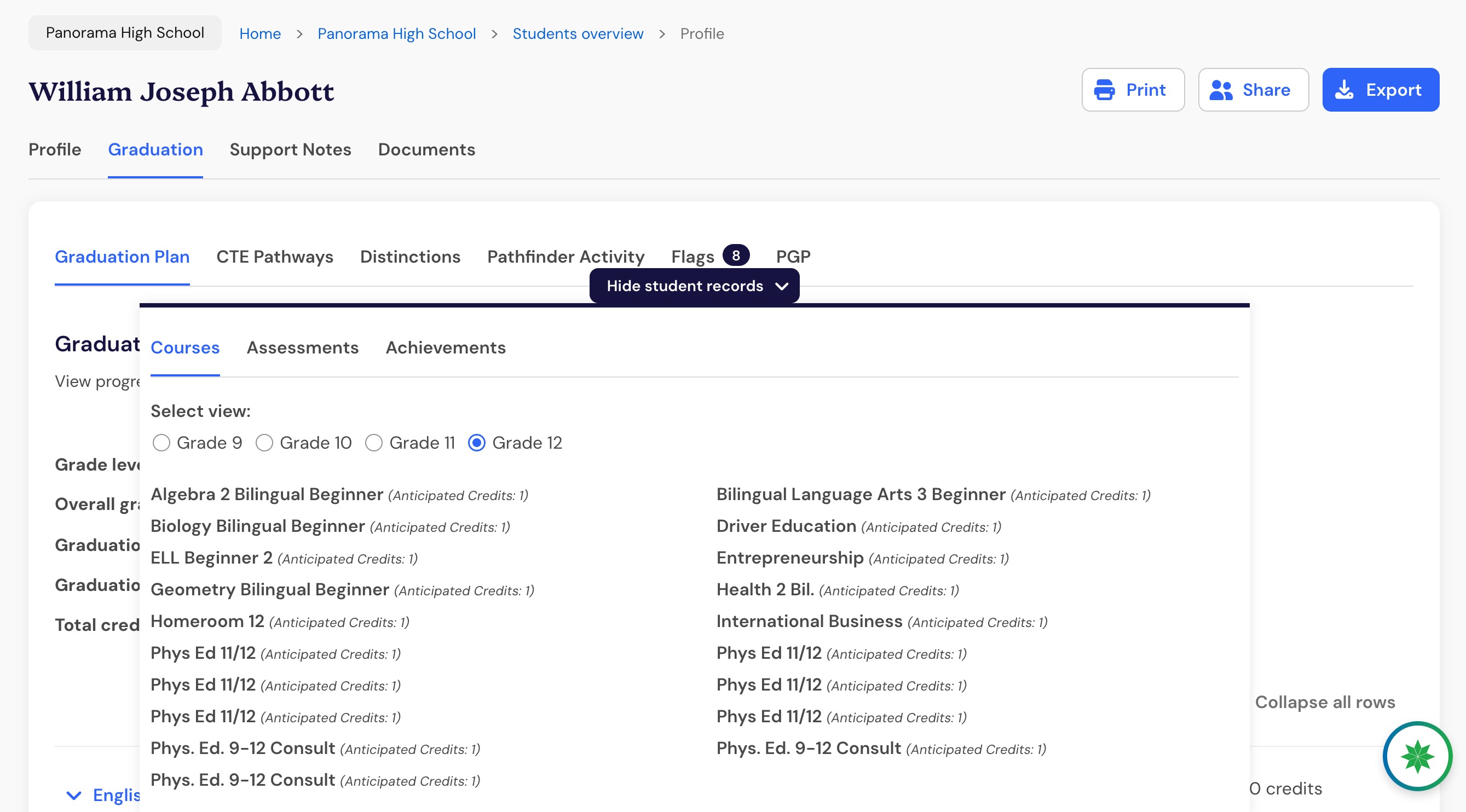Courses tab with Grade 12 selected and a list of courses showing anticipated credits.