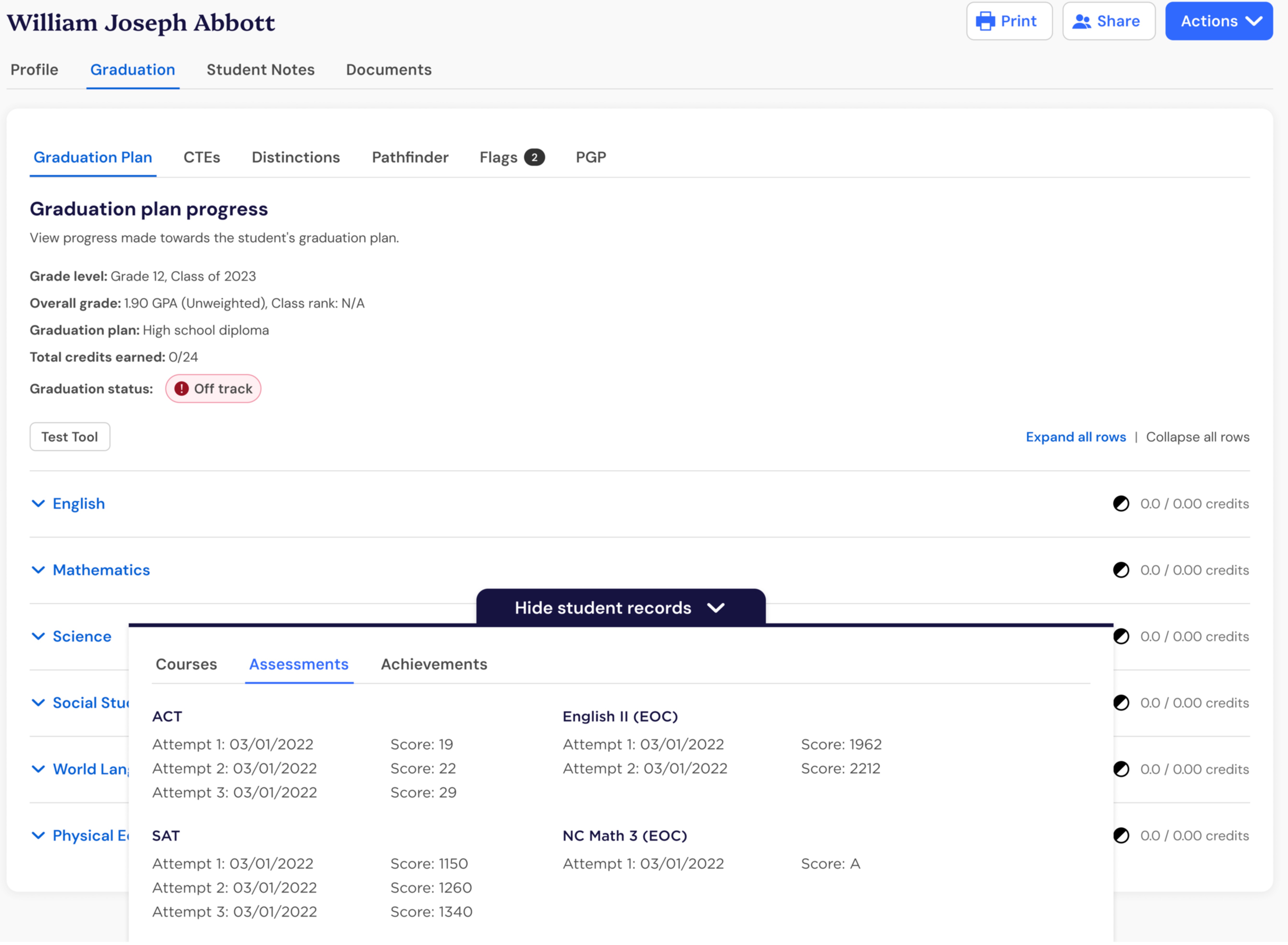 Show Assessments.jpg Assessments tab displaying ACT, SAT, and end-of-course results with attempt dates and scores.