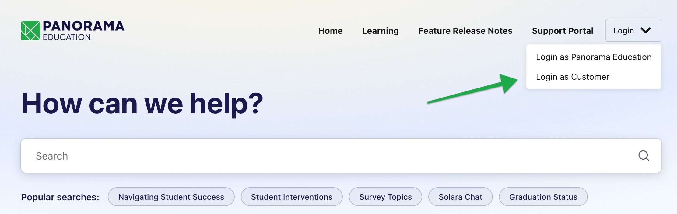 Panorama Education Knowledge Base 2026-07-27 at 11.55.40 AM.jpg Panorama Academy login menu with the Login as Customer option highlighted.