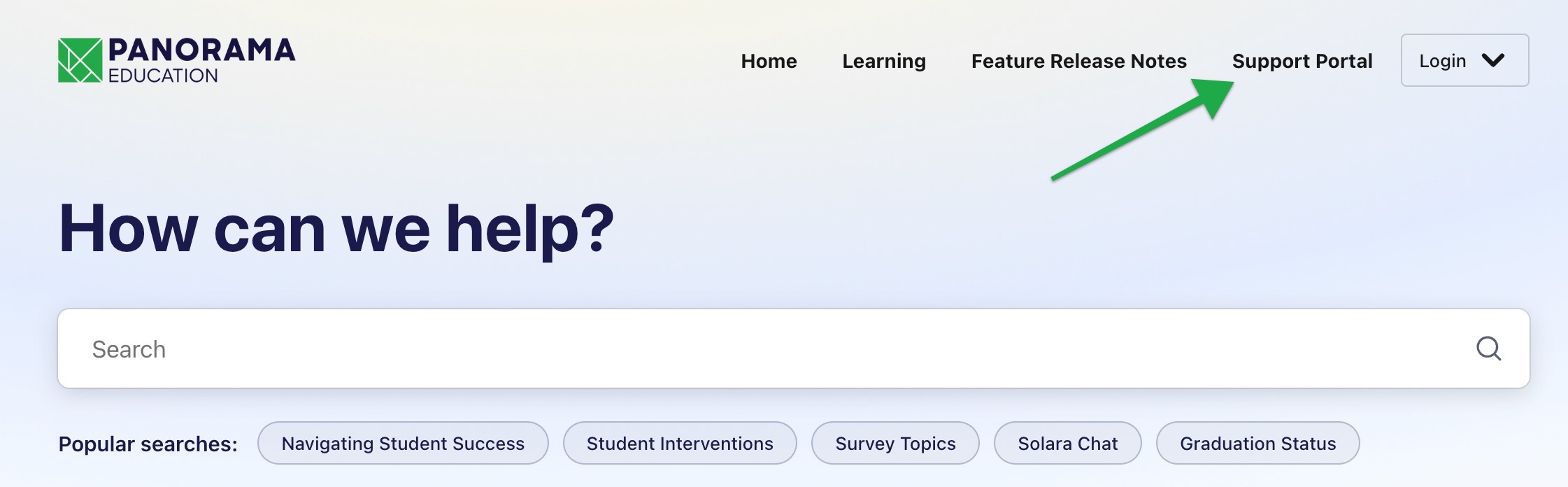 Panorama Education Knowledge Base 2026-07-27 at 1.20.21 PM.jpg Panorama Academy homepage with the Support Portal link highlighted in the navigation bar.