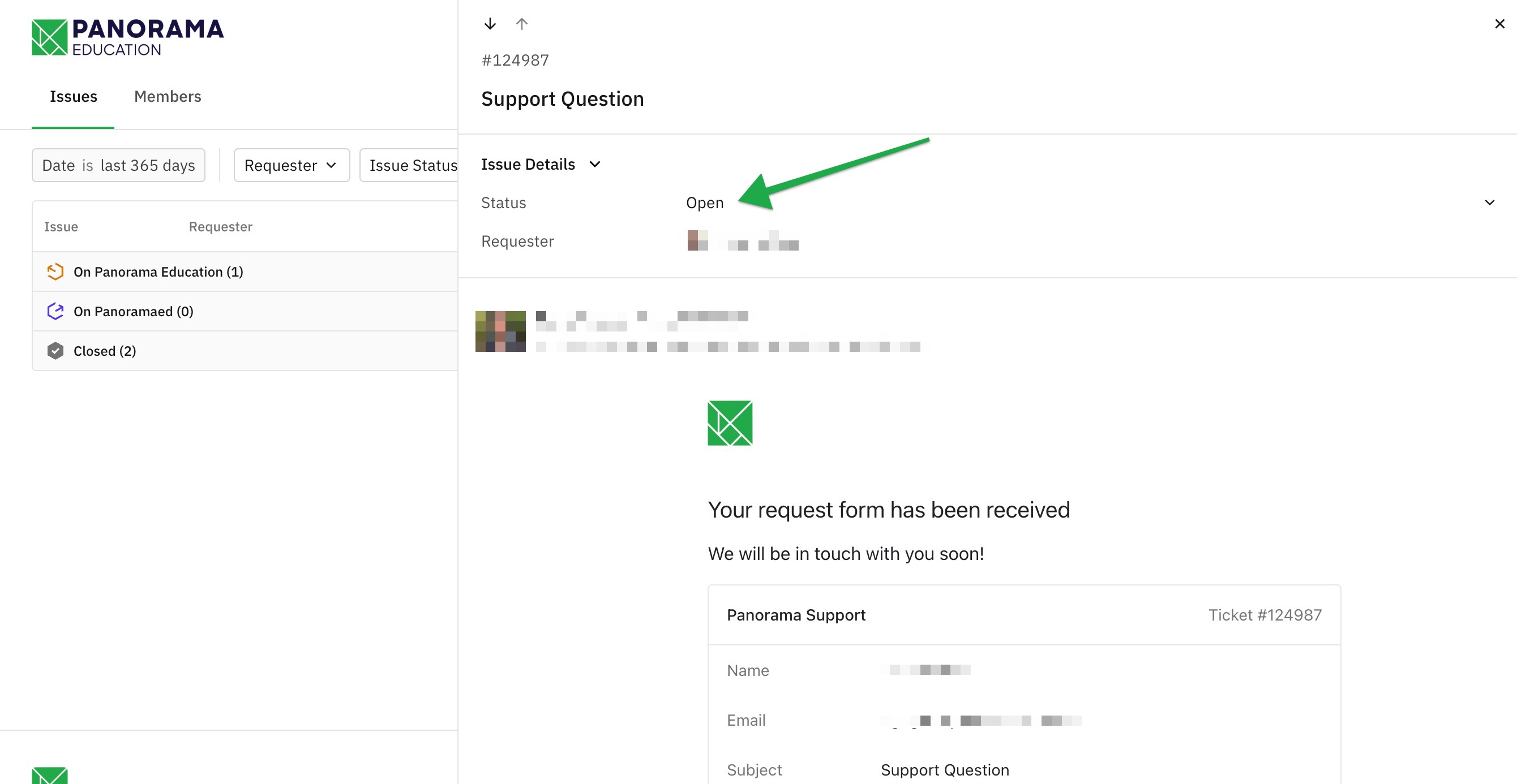 Panorama Education 2026-07-27 at 12.49.12 PM.jpg Support Portal showing an open support request with the ticket status displayed as "Open."