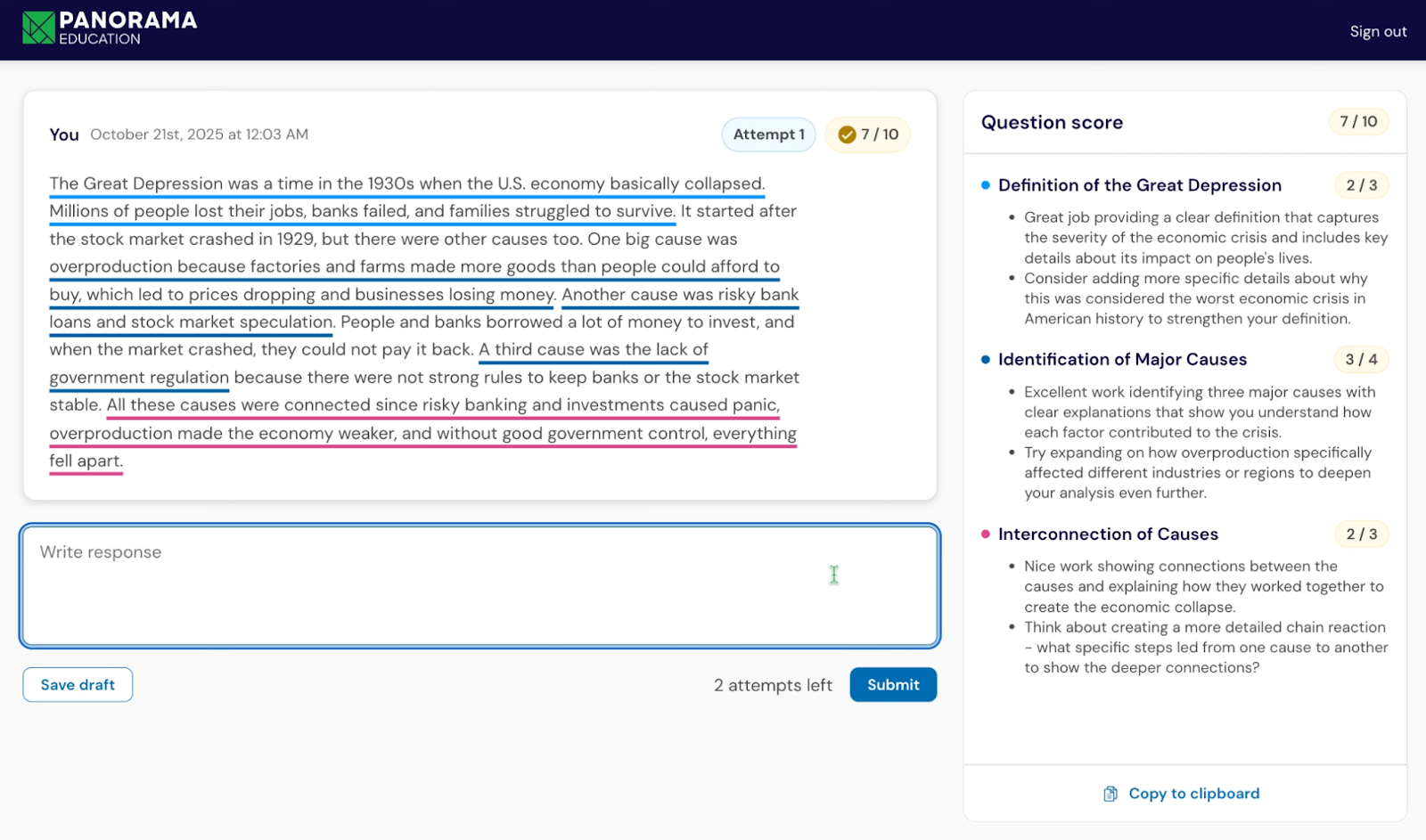 Submitted response with a 7/10 score and rubric-aligned feedback beside a new response box