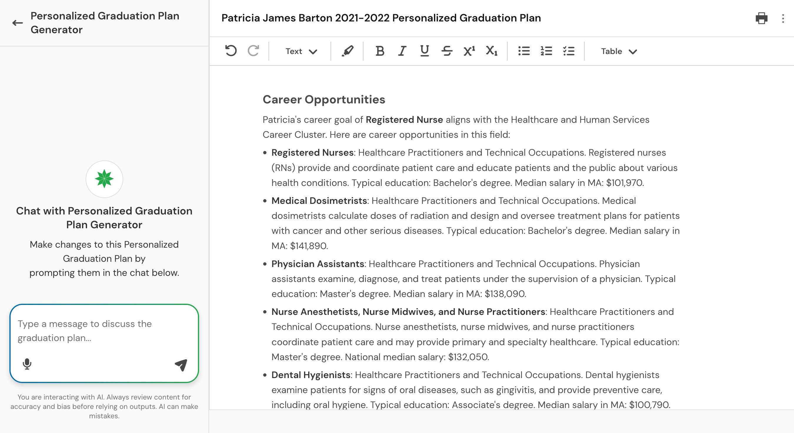 Patricia James Barton Student Success Panorama Education 2026-08-20 at 12.08.12 PM.jpg Personalized Graduation Plan editor with chat panel for requesting changes to the plan.