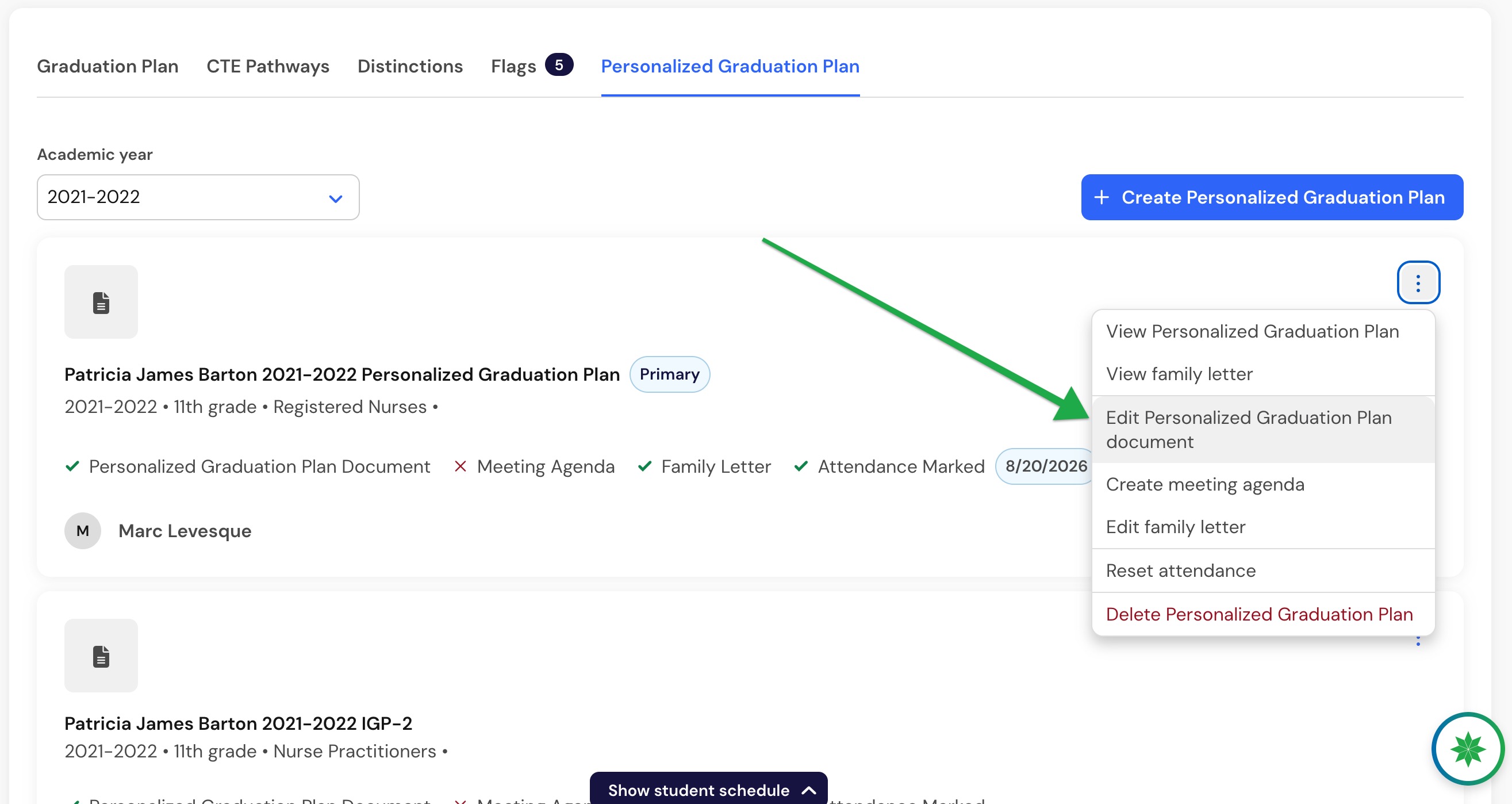 Zight 2026-08-20 at 12.07.07 PM.png PGP options menu with Edit Personalized Graduation Plan document selected.