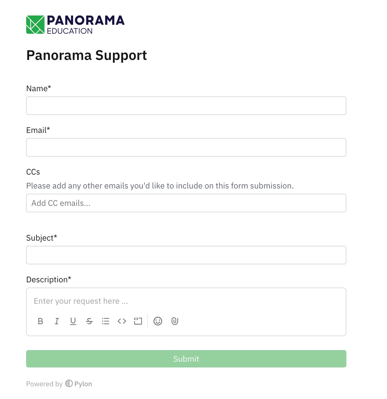 Panorama Support - Panorama Education 2026-07-27 at 12.07.33 PM.jpg Support request form showing fields for name, email, subject, description, attachments, and the Submit button.