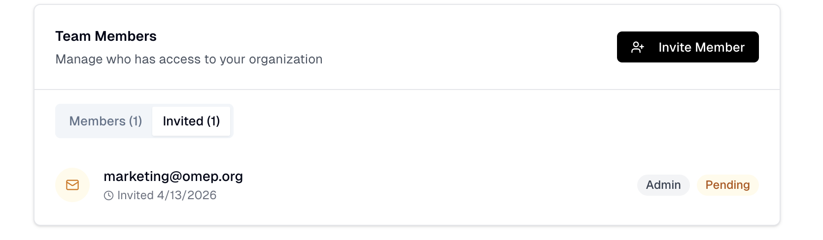 Team members panel showing an invited member email with Admin and Pending labels, and an Invite Member button in the top-right